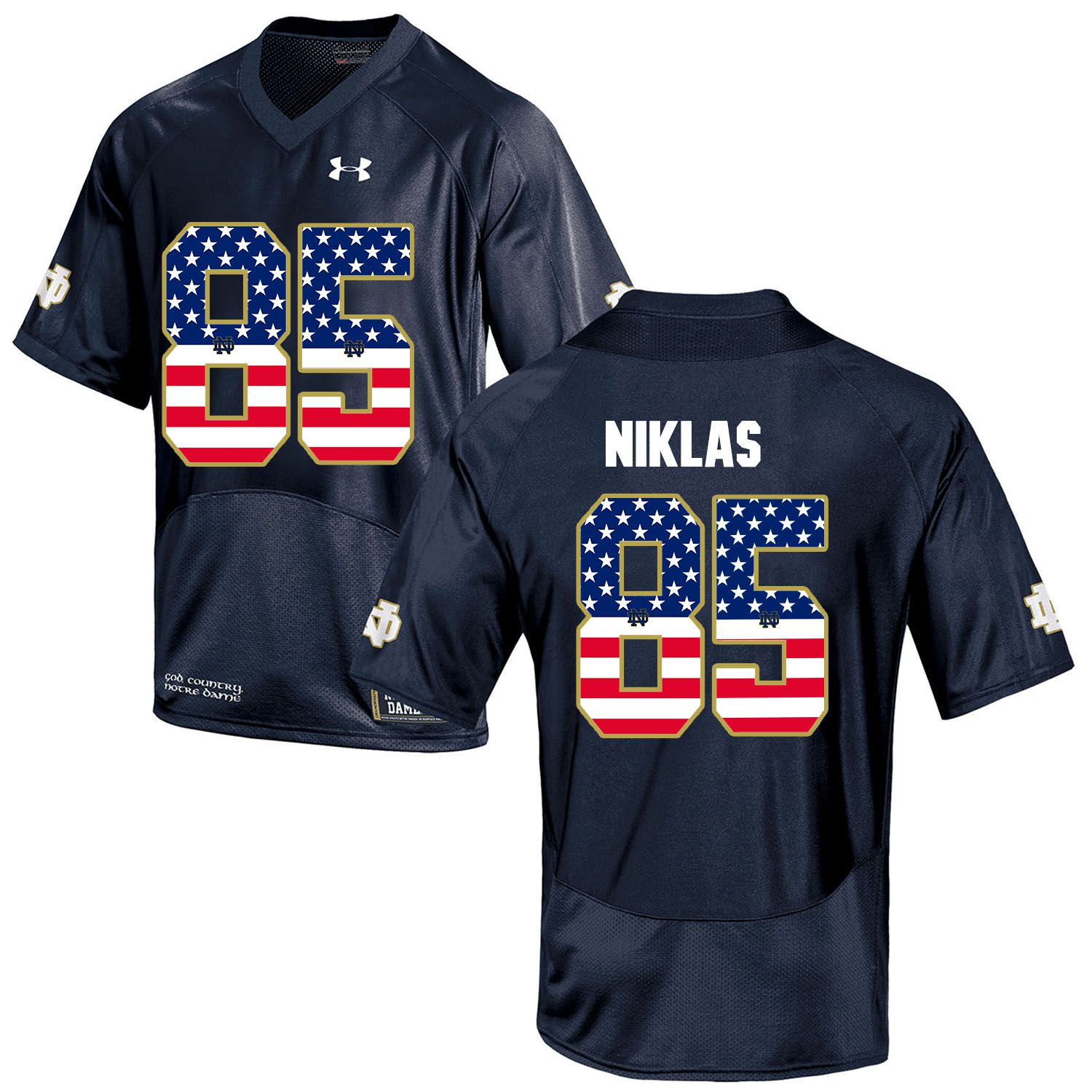 Men Norte Dame Fighting Irish 85 Niklas Navy Blue Flag Customized NCAA Jerseys